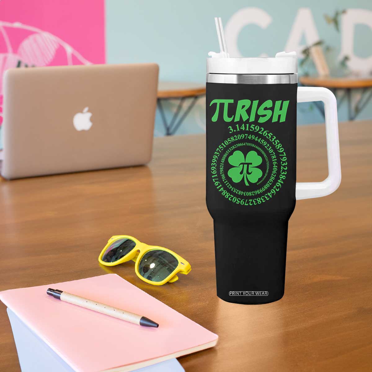 Funny St Patricks Day Pi Symbol Lover Tumbler With Handle Pirish 3,14 Pi Number Shamrock TS11 Print Your Wear