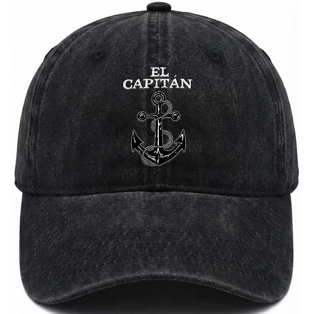 El Capitan Boating Captain Washed Cotton Baseball Cap Funny Boat Sailing Vintage Anchor TS11 Washed Cap Universal Fit Black Print Your Wear