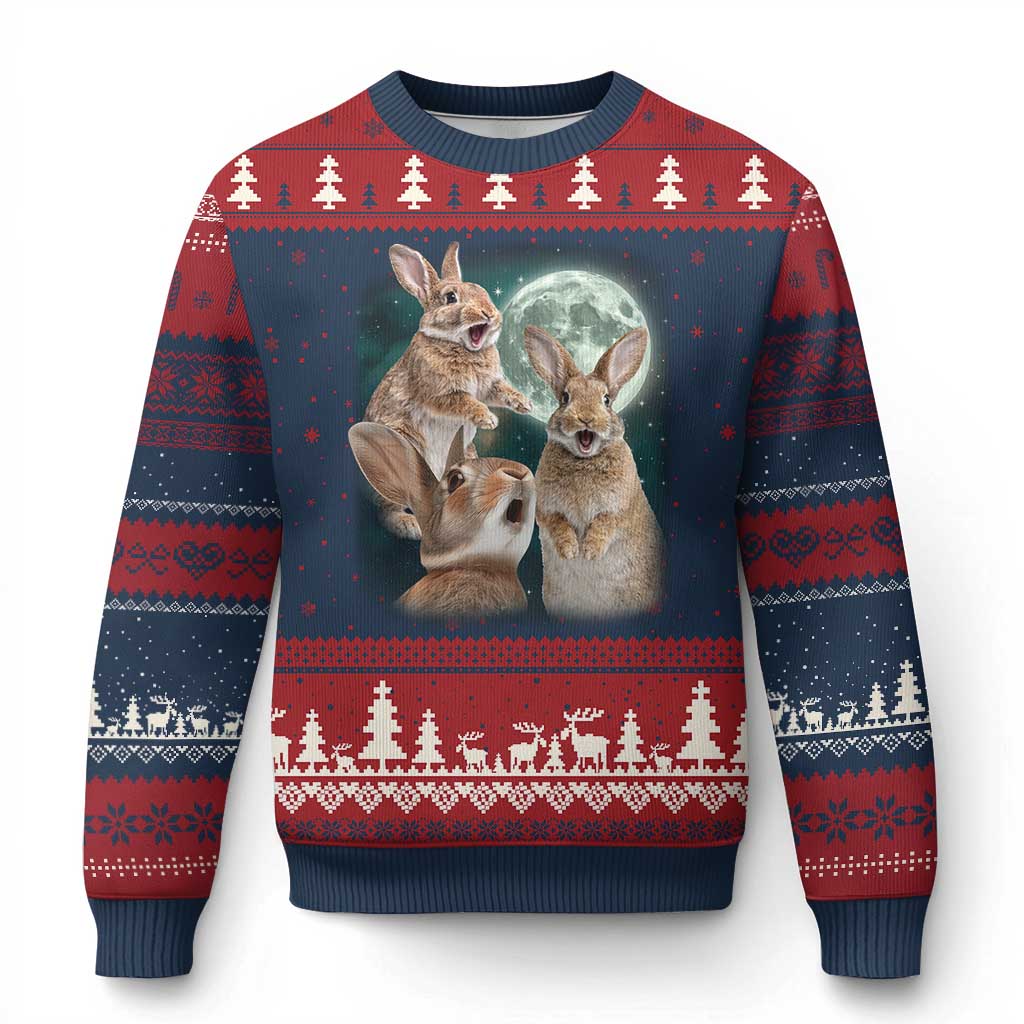 Funny Three Bunny Moon Humorous Rabbit Meme Ugly Christmas Sweater TS11 Navy Red Print Your Wear