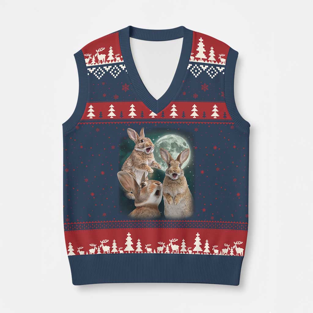 Funny Three Bunny Moon Humorous Rabbit Meme V-Neck Knit Sweater Vest TS11 Navy Red Print Your Wear