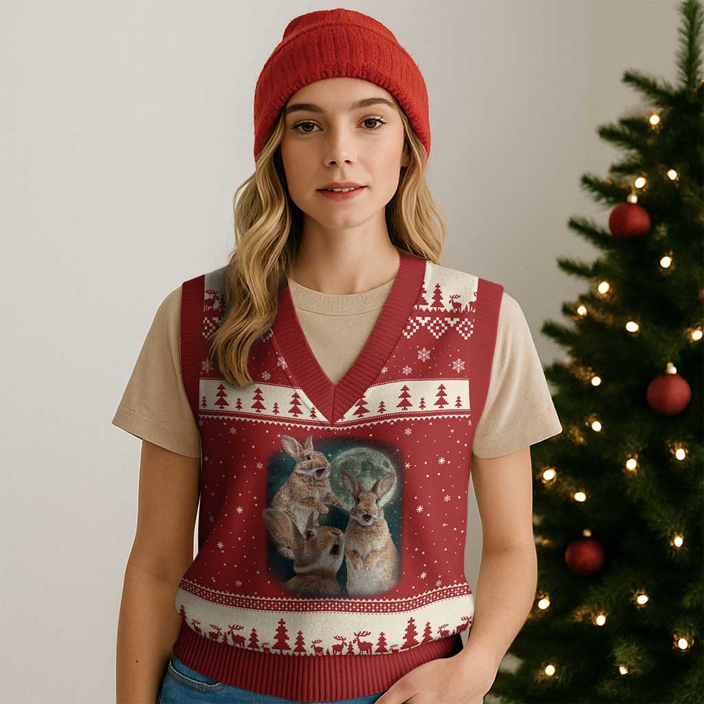 Funny Three Bunny Moon Humorous Rabbit Meme V-Neck Knit Sweater Vest TS11 Red Beige Print Your Wear