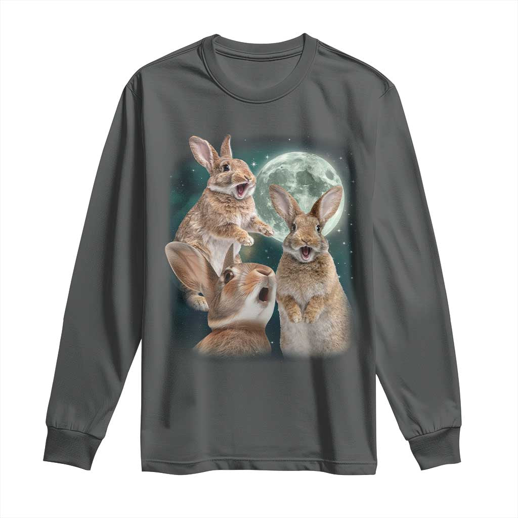 Funny Three Bunny Moon Humorous Rabbit Meme Long Sleeve Shirt TS11 Dark Heather Print Your Wear