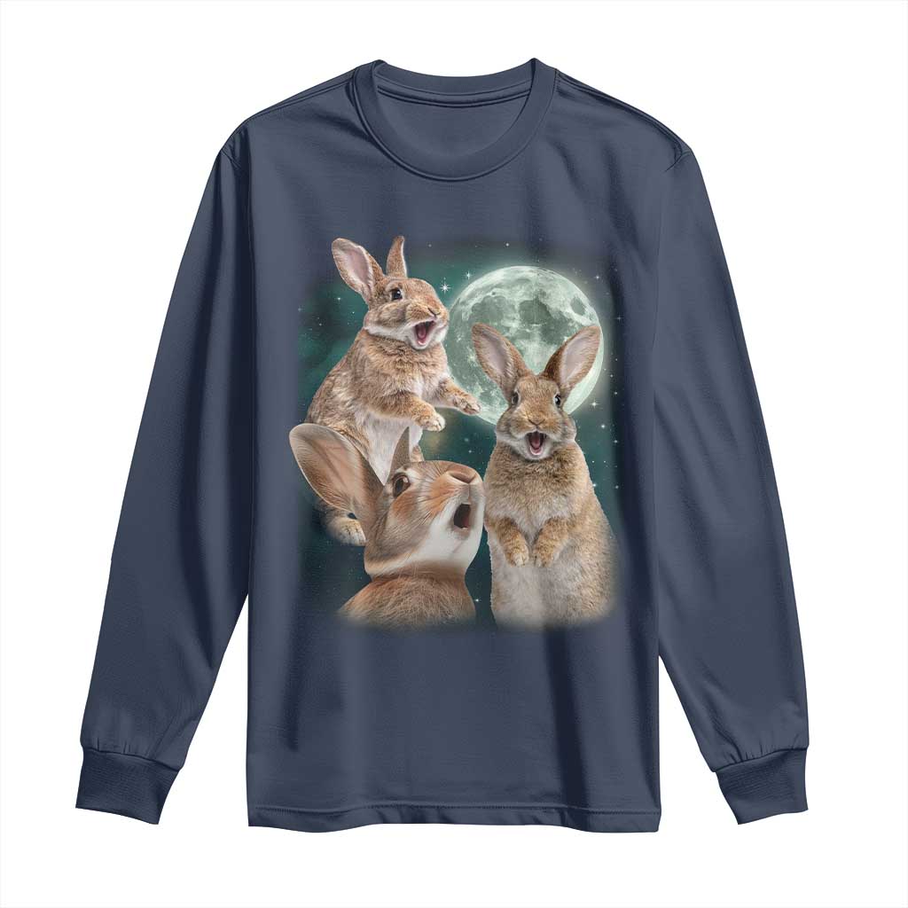 Funny Three Bunny Moon Humorous Rabbit Meme Long Sleeve Shirt TS11 Navy Print Your Wear