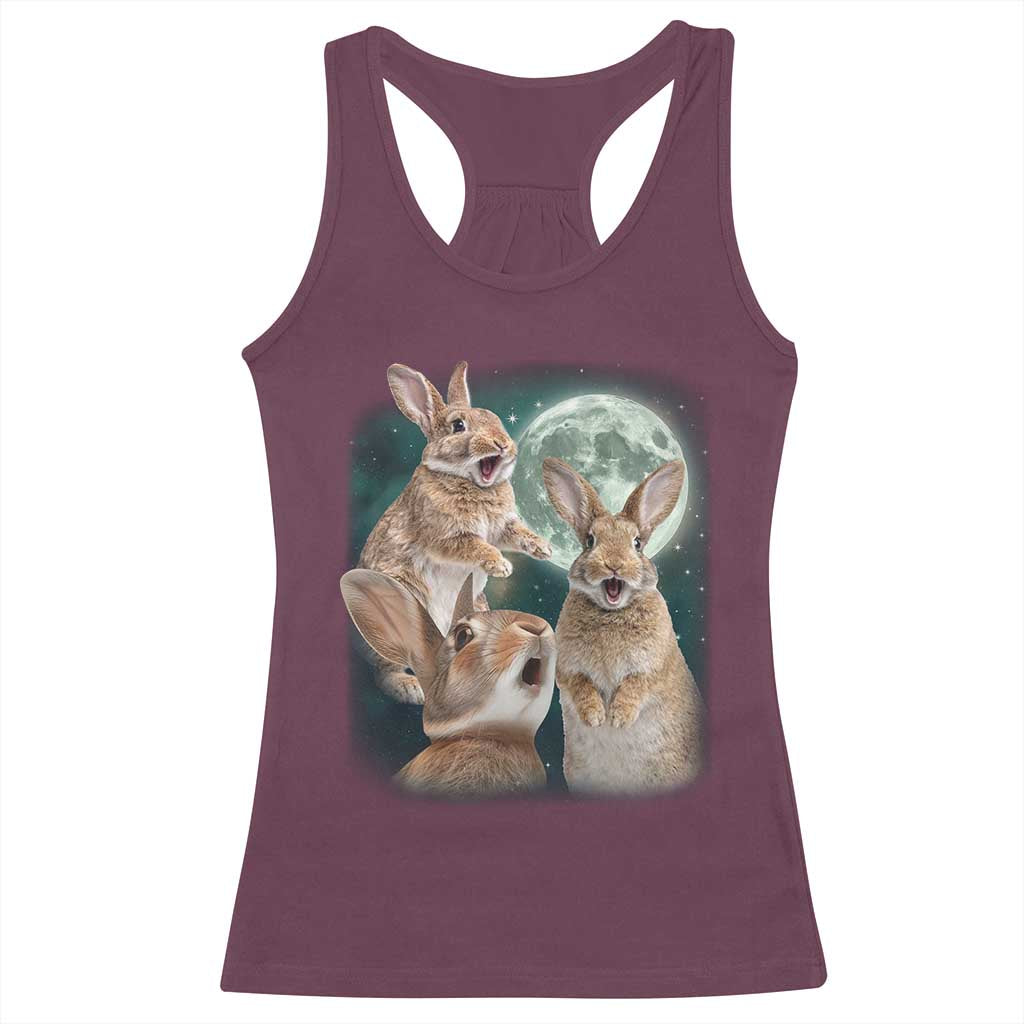 Funny Three Bunny Moon Humorous Rabbit Meme Racerback Tank Top TS11 Maroon Print Your Wear