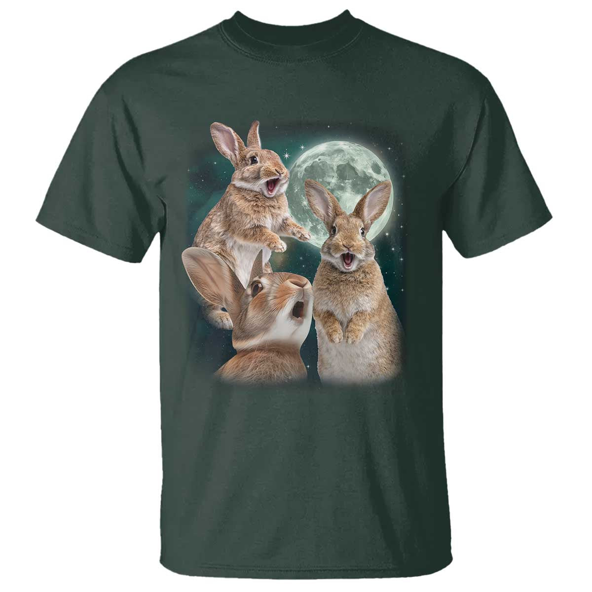 Funny Three Bunny Moon Humorous Rabbit Meme T Shirt TS11 Dark Forest Green Print Your Wear