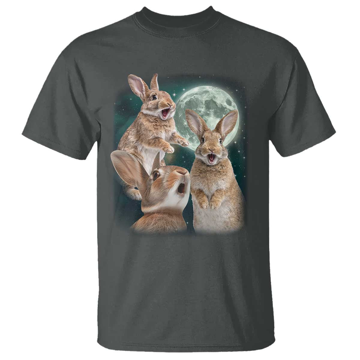 Funny Three Bunny Moon Humorous Rabbit Meme T Shirt TS11 Dark Heather Print Your Wear
