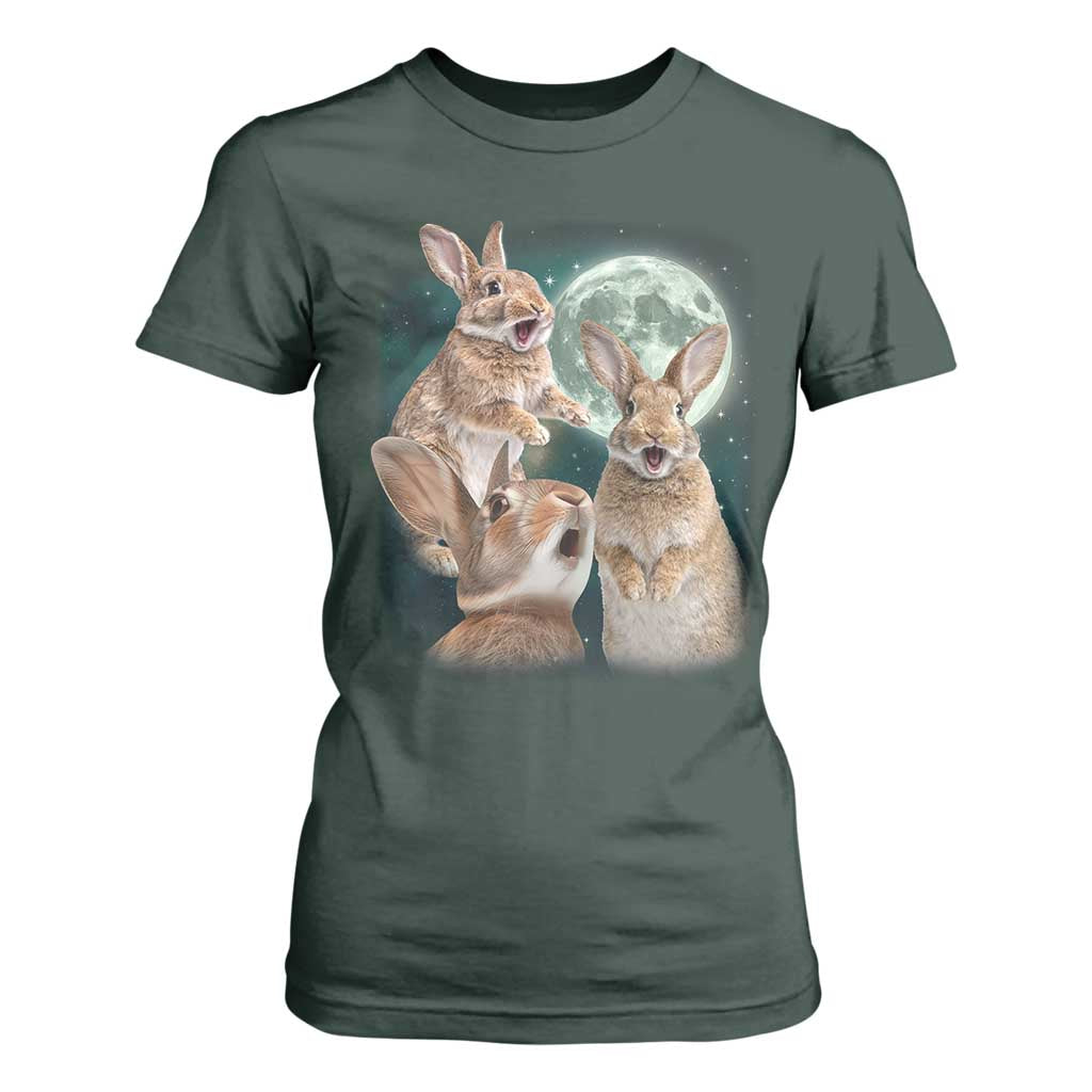 Funny Three Bunny Moon Humorous Rabbit Meme T Shirt For Women TS11 Dark Forest Green Print Your Wear