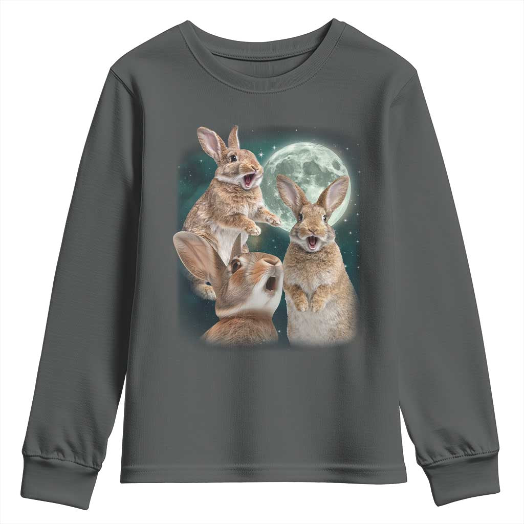 Funny Three Bunny Moon Humorous Rabbit Meme Youth Sweatshirt TS11 Dark Heather Print Your Wear