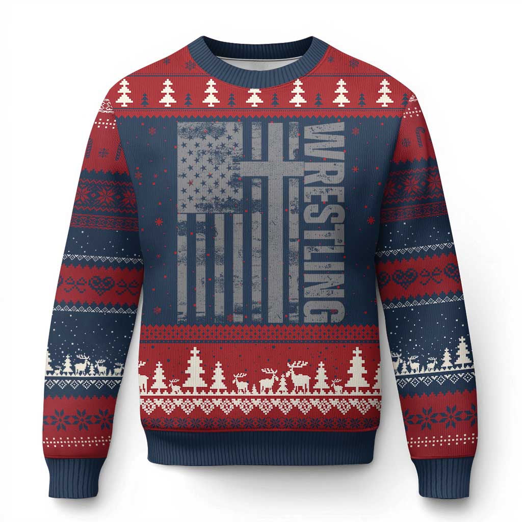 Wrestling Christian Vintage Patriotic American Flag Ugly Christmas Sweater TS11 Navy Red Print Your Wear