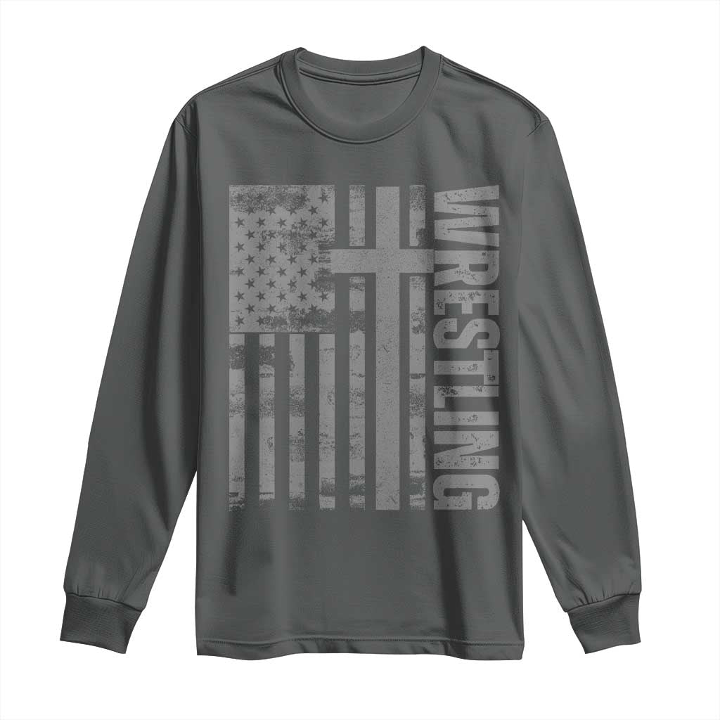 Wrestling Christian Vintage Patriotic American Flag Long Sleeve Shirt TS11 Dark Heather Print Your Wear