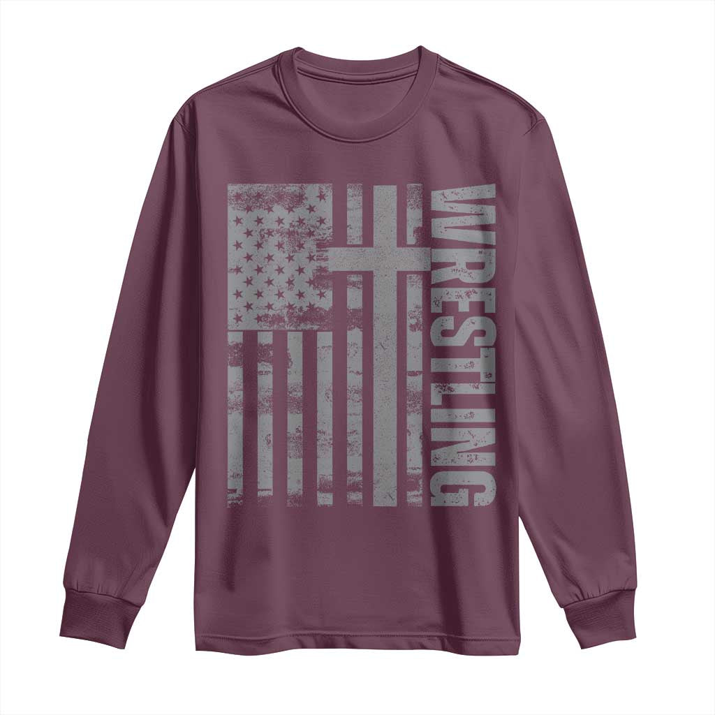 Wrestling Christian Vintage Patriotic American Flag Long Sleeve Shirt TS11 Maroon Print Your Wear