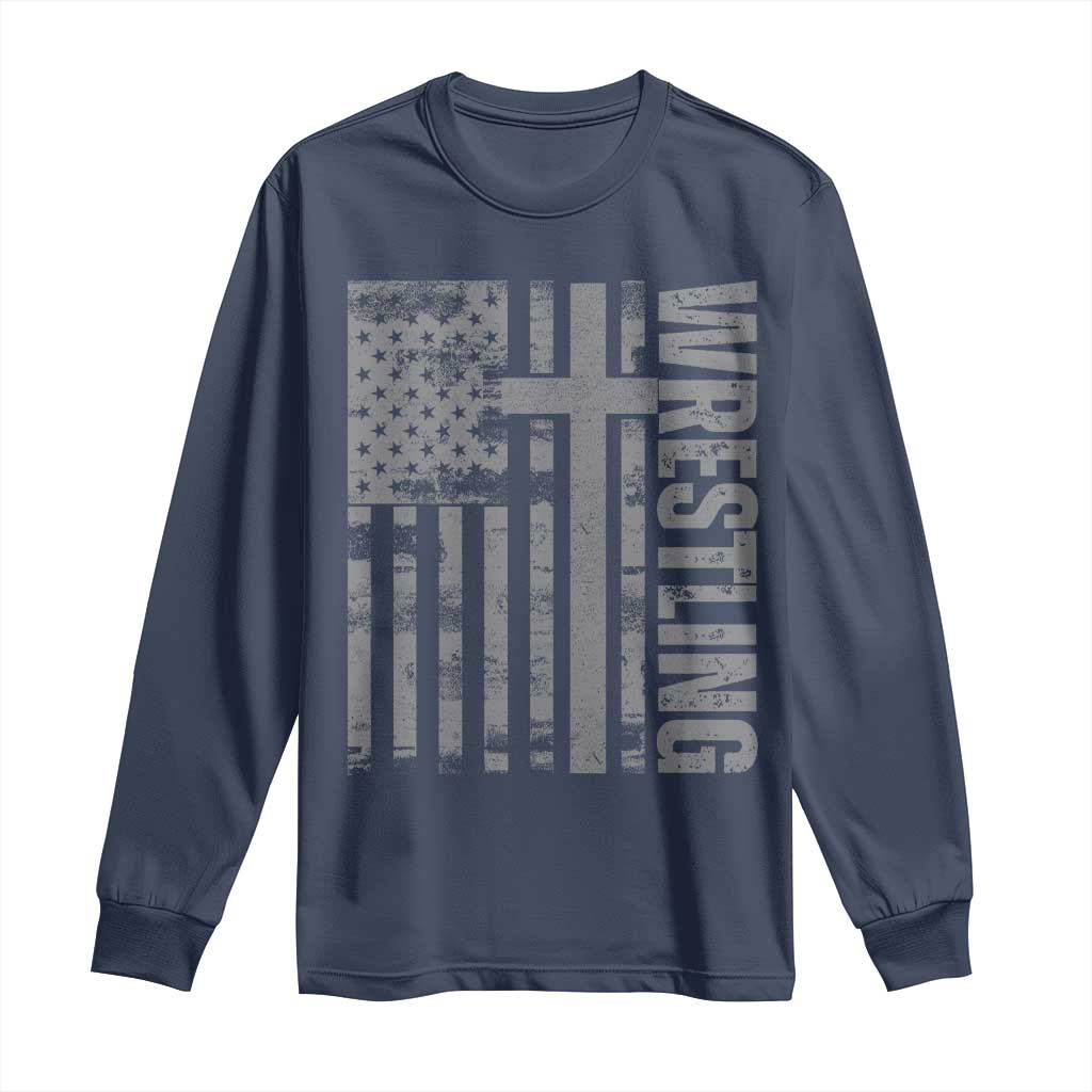 Wrestling Christian Vintage Patriotic American Flag Long Sleeve Shirt TS11 Navy Print Your Wear