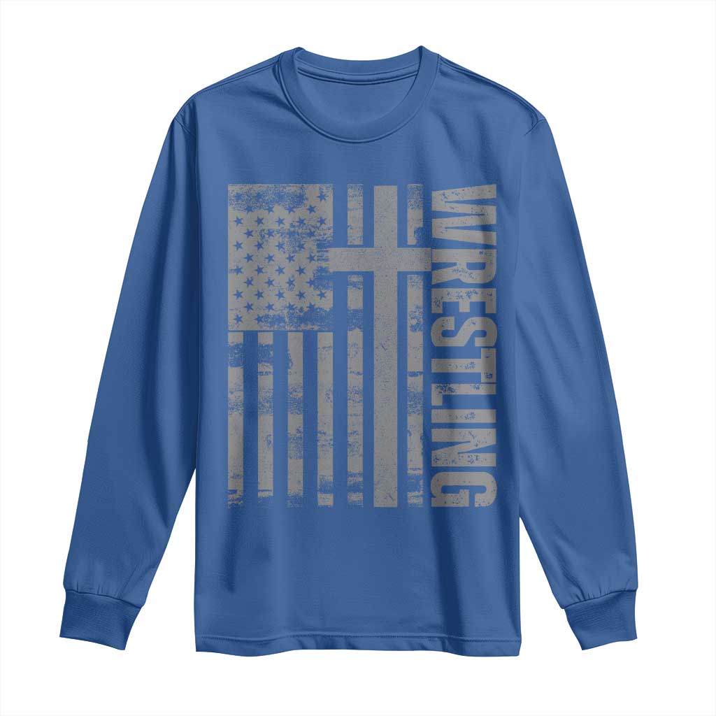 Wrestling Christian Vintage Patriotic American Flag Long Sleeve Shirt TS11 Royal Blue Print Your Wear