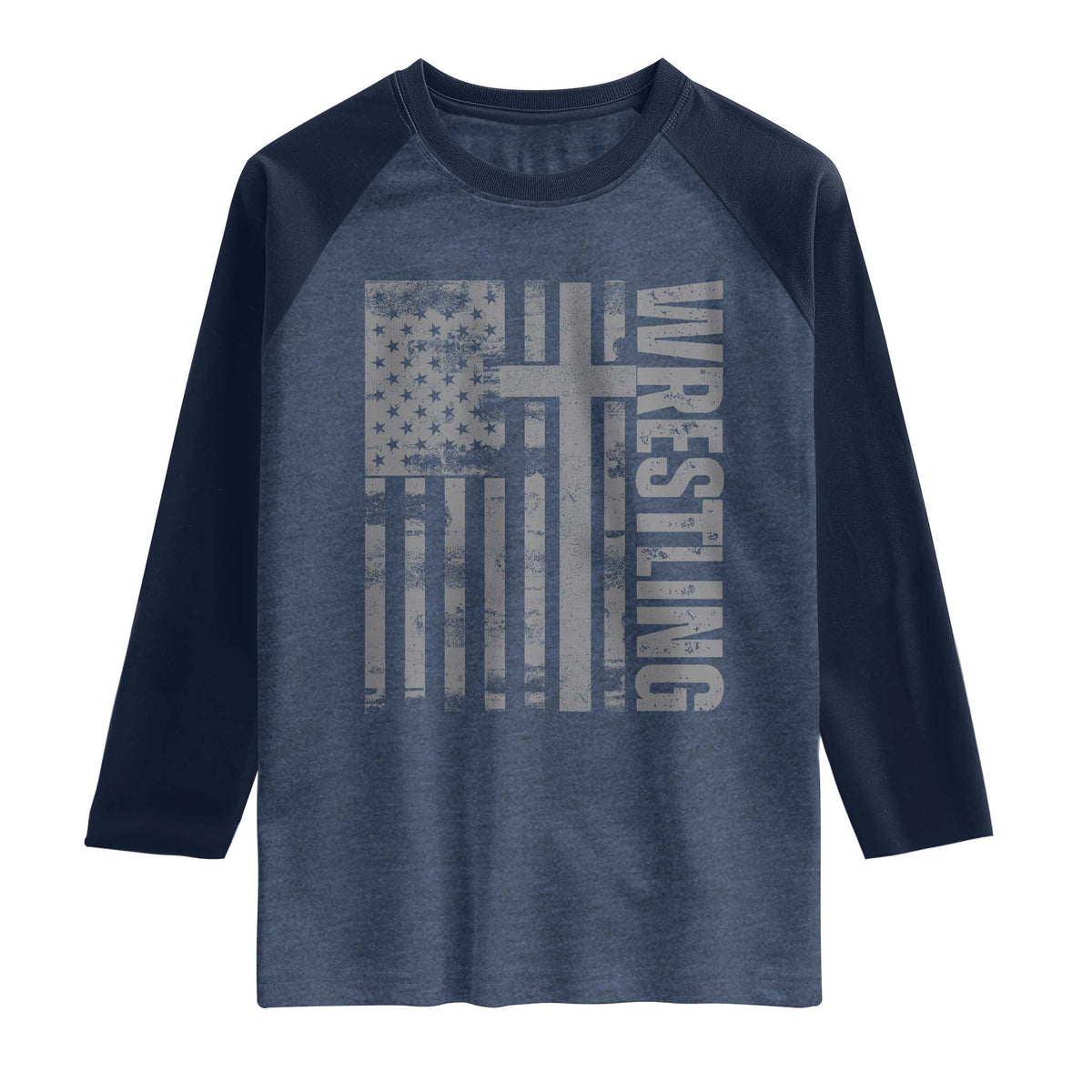 Wrestling Christian Vintage Patriotic American Flag Raglan Shirt TS11 Heather Denim Navy Print Your Wear