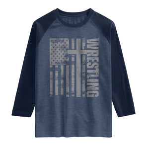 Wrestling Christian Vintage Patriotic American Flag Raglan Shirt TS11 Heather Denim Navy Print Your Wear