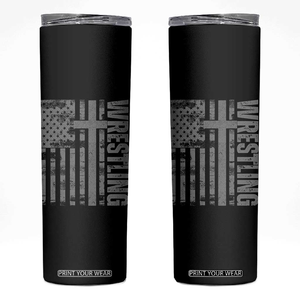 Wrestling Christian Vintage Patriotic American Flag Skinny Tumbler TS11 Black Print Your Wear
