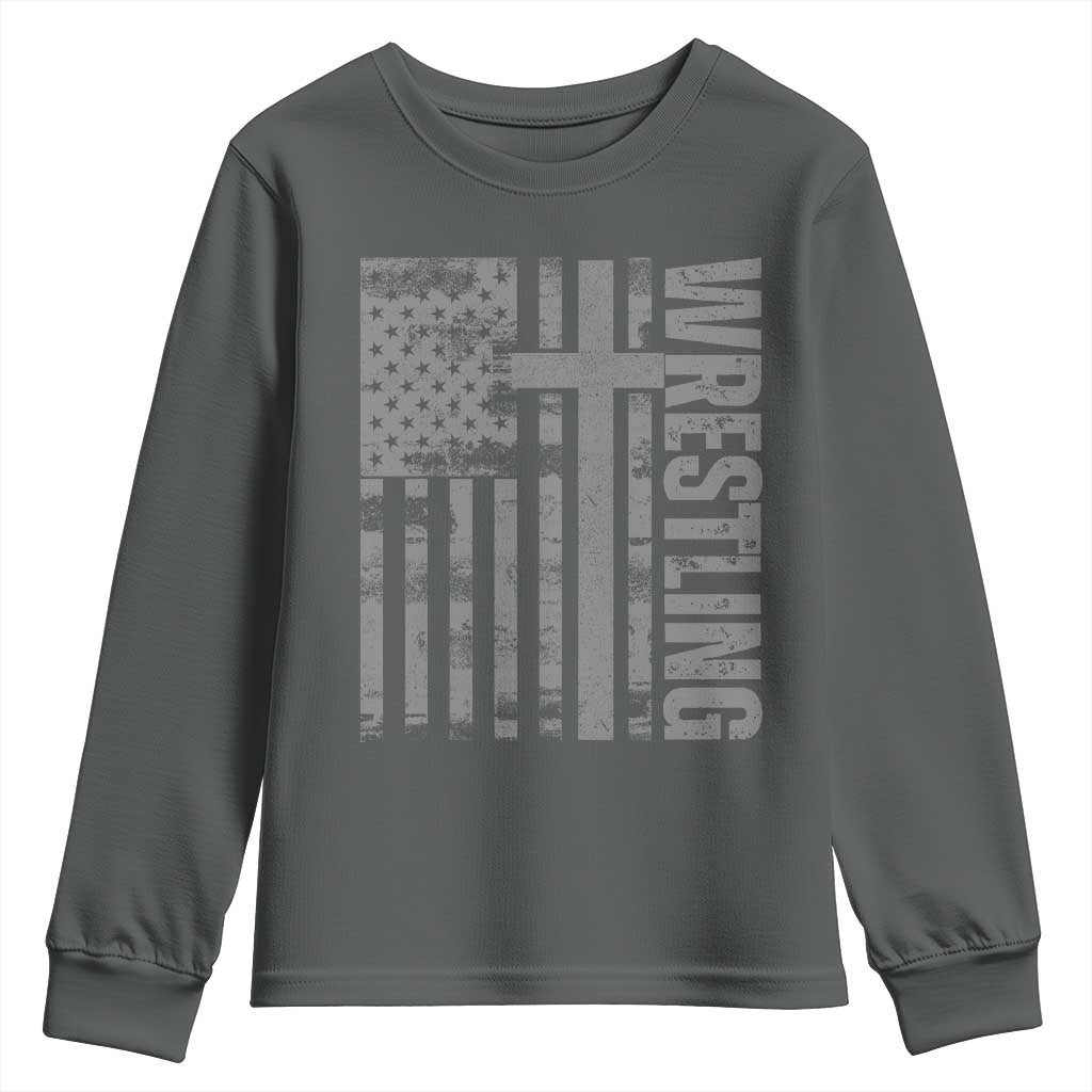 Wrestling Christian Vintage Patriotic American Flag Youth Sweatshirt TS11 Dark Heather Print Your Wear