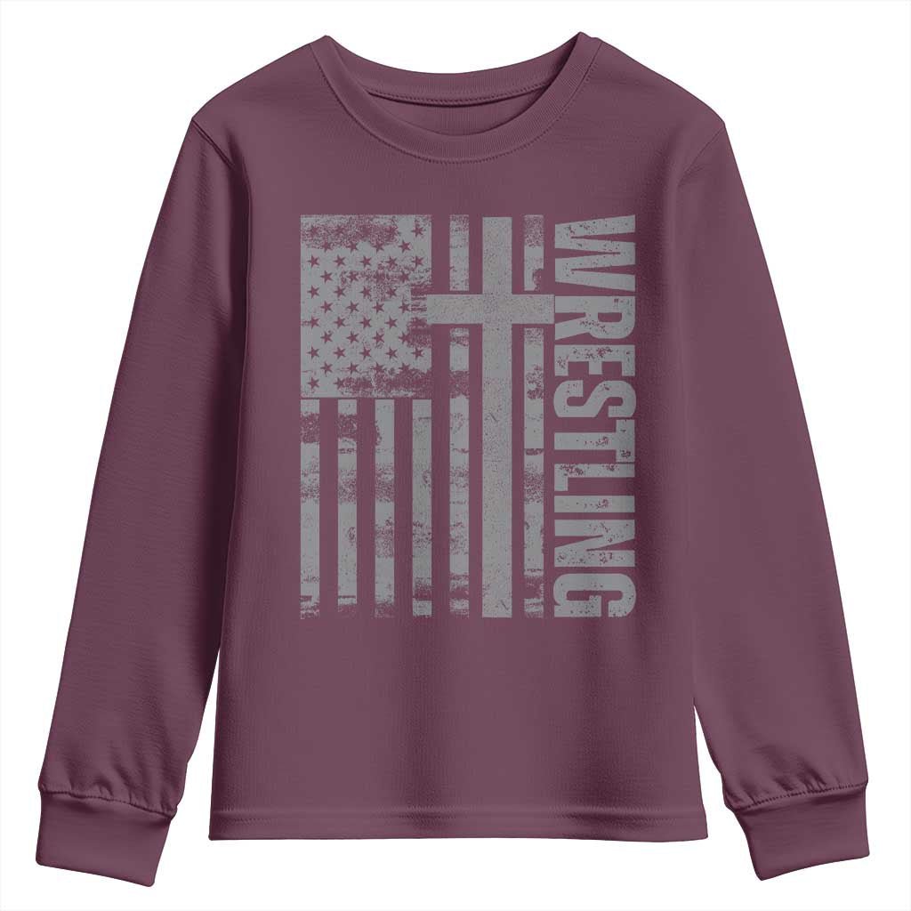 Wrestling Christian Vintage Patriotic American Flag Youth Sweatshirt TS11 Maroon Print Your Wear