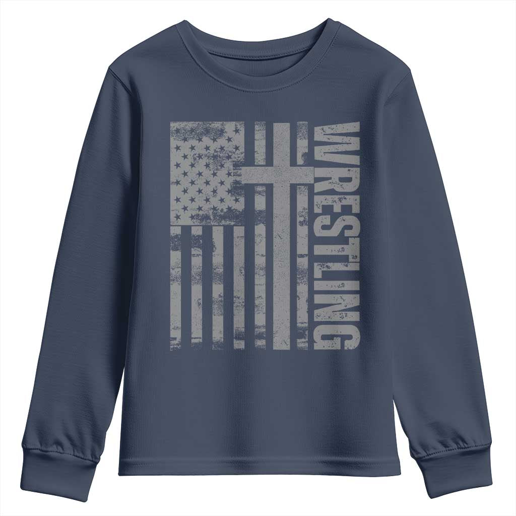 Wrestling Christian Vintage Patriotic American Flag Youth Sweatshirt TS11 Navy Print Your Wear