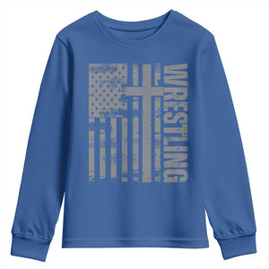 Wrestling Christian Vintage Patriotic American Flag Youth Sweatshirt TS11 Royal Blue Print Your Wear
