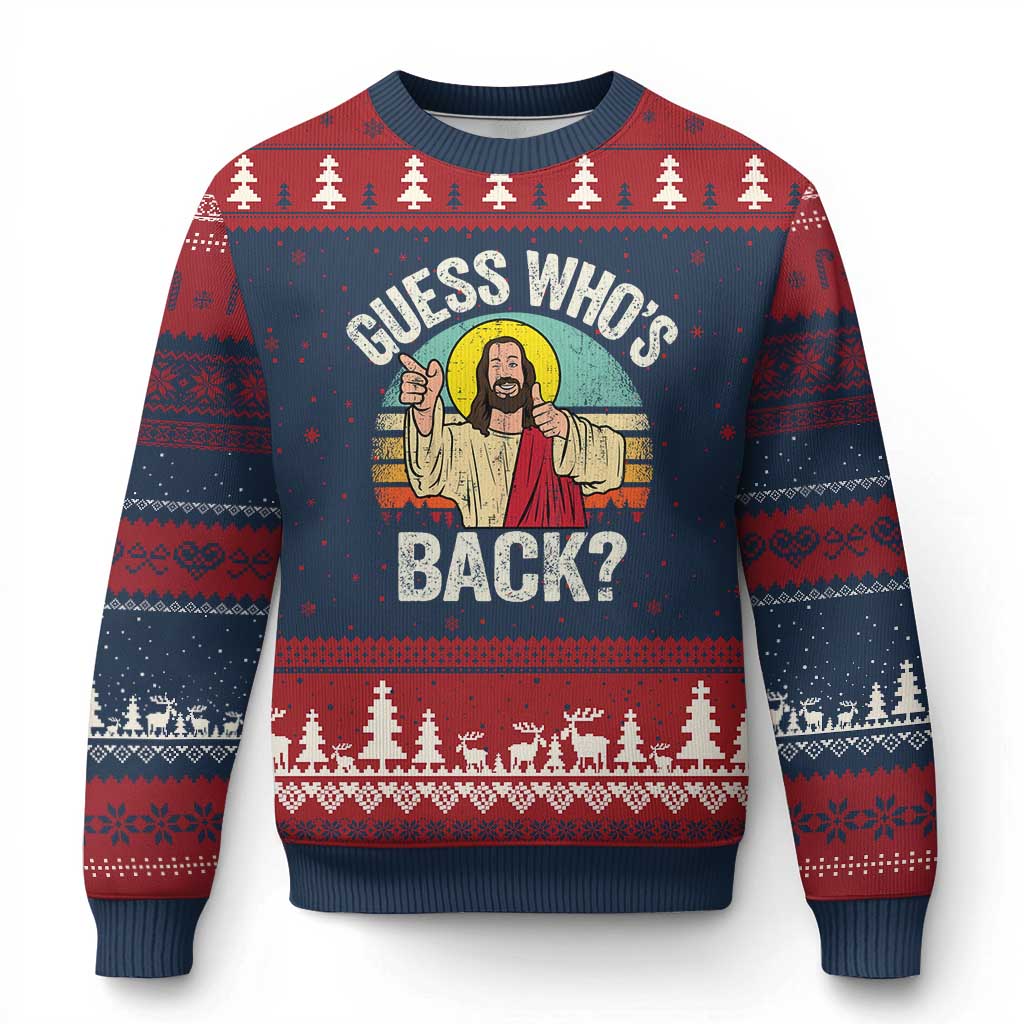 Funny Guess Who Is Back Jesus Easter Christian Ugly Christmas Sweater TS11 Navy Red Print Your Wear