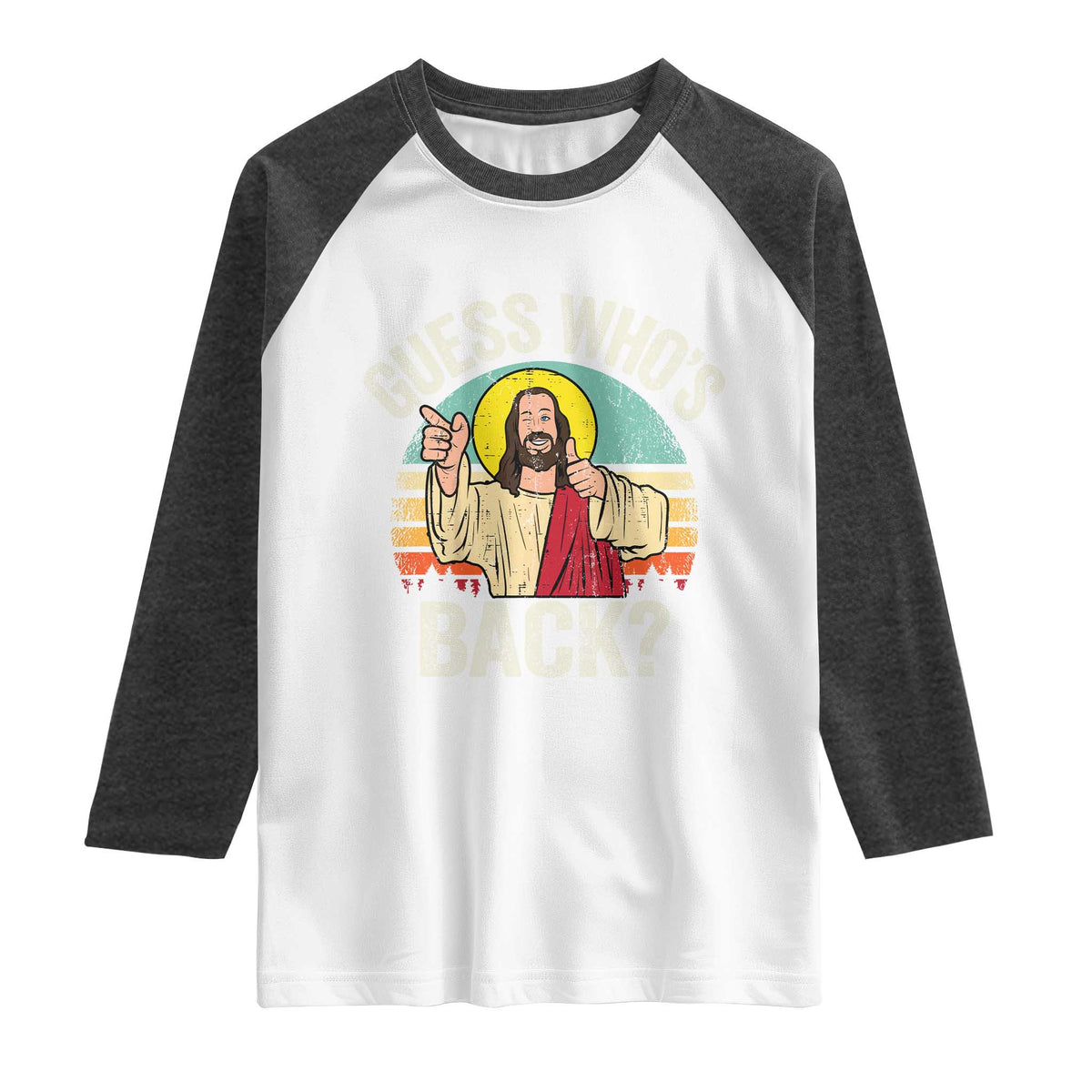 Funny Guess Who Is Back Jesus Easter Christian Raglan Shirt TS11 White Heather Charcoal Print Your Wear