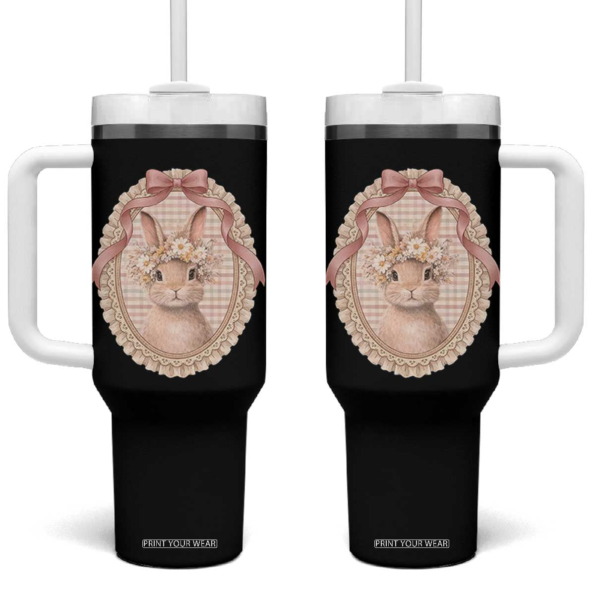 Floral Coquette Easter Bunny Vintage Thrifted Grandma Core Tumbler With Handle TS11 One Size: 40 oz Black Print Your Wear