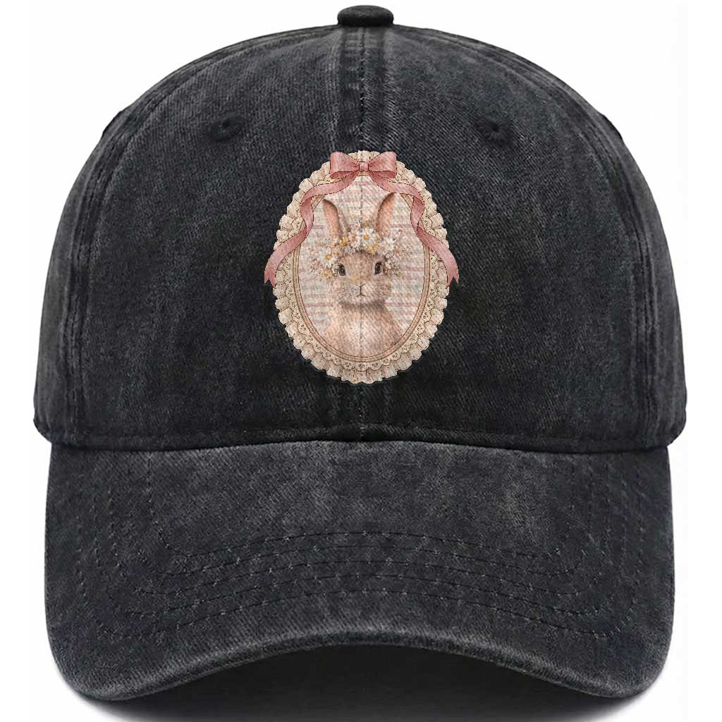 Floral Coquette Easter Bunny Vintage Thrifted Grandma Core Washed Cotton Baseball Cap TS11 Washed Cap Universal Fit Black Print Your Wear