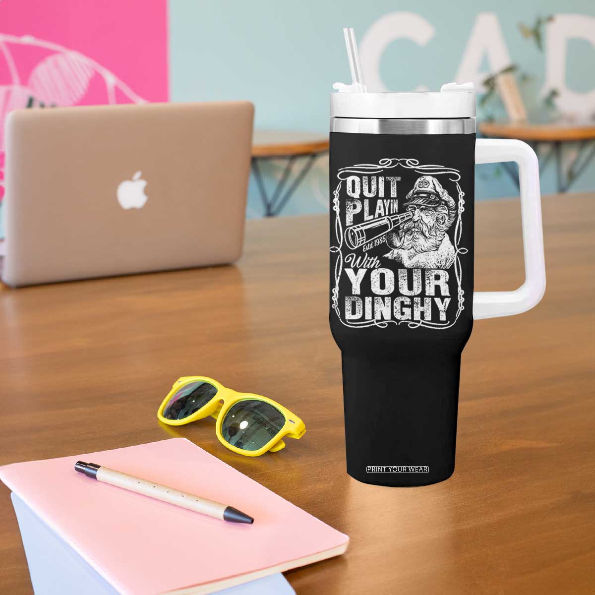 Quit Playin With Your Dinghy Tumbler With Handle Funny Pontoon Boat Captain TS11 Print Your Wear