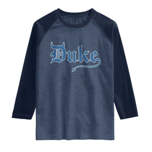 Duke Gothic Throwback Raglan Shirt Game Day for Sports Fan TS11 Heather Denim Navy Print Your Wear