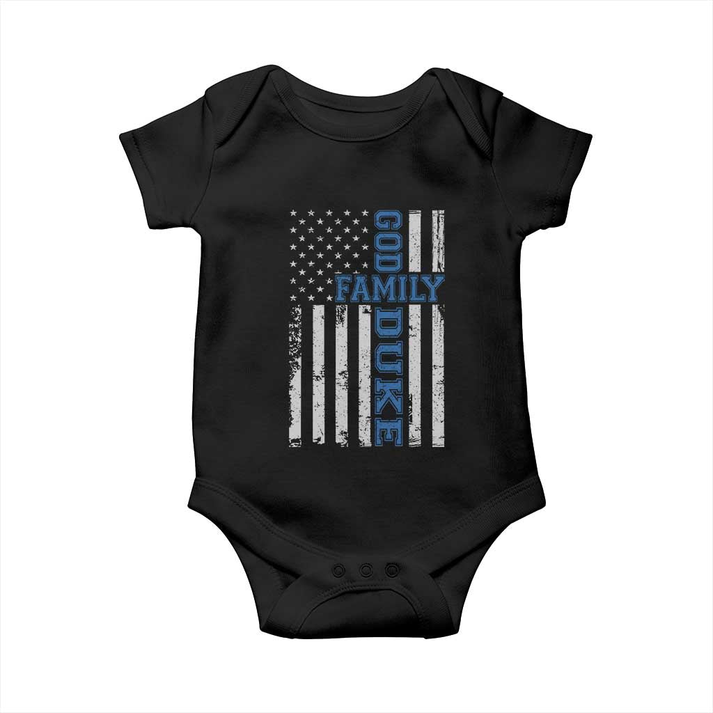 God Family Duke Baby Onesie Blue Game Day Vintage American Flag TS11 Black Print Your Wear