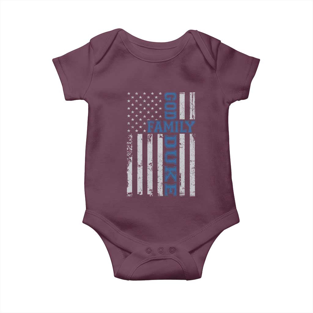 God Family Duke Baby Onesie Blue Game Day Vintage American Flag TS11 Maroon Print Your Wear
