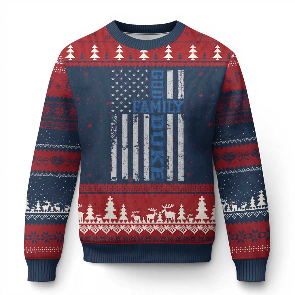 God Family Duke Ugly Christmas Sweater Blue Game Day Vintage American Flag TS11 Navy Red Print Your Wear