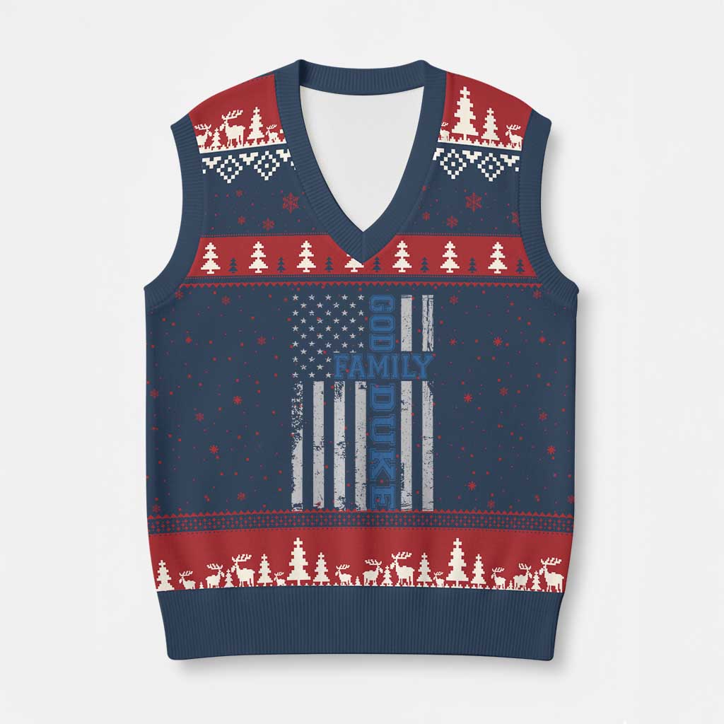 God Family Duke V-Neck Knit Sweater Vest Blue Game Day Vintage American Flag TS11 Navy Red Print Your Wear