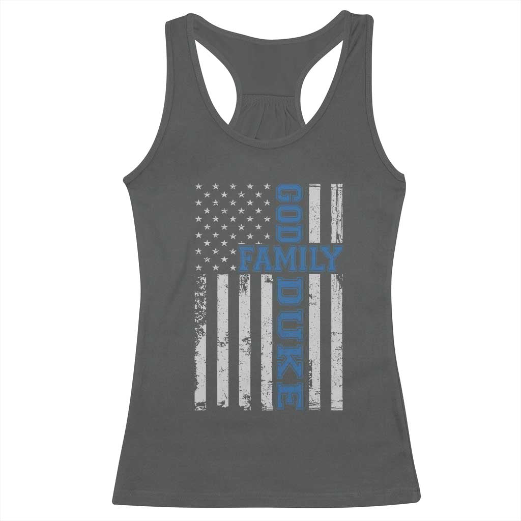 God Family Duke Racerback Tank Top Blue Game Day Vintage American Flag TS11 Dark Heather Print Your Wear