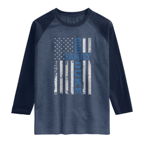 God Family Duke Raglan Shirt Blue Game Day Vintage American Flag TS11 Heather Denim Navy Print Your Wear