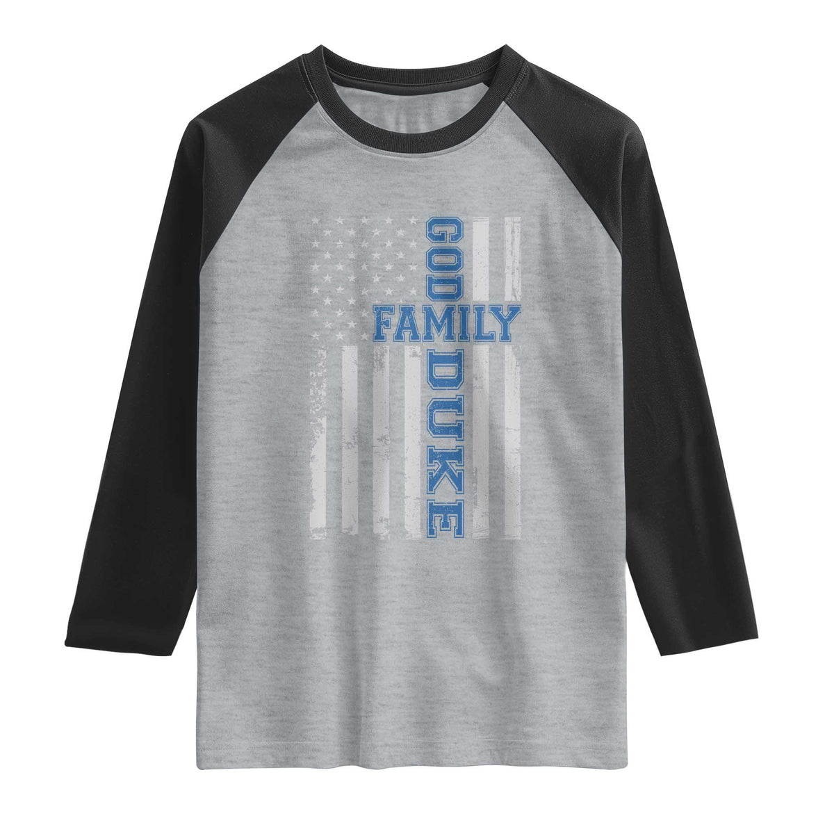 God Family Duke Raglan Shirt Blue Game Day Vintage American Flag TS11 Heather Gray Black Print Your Wear