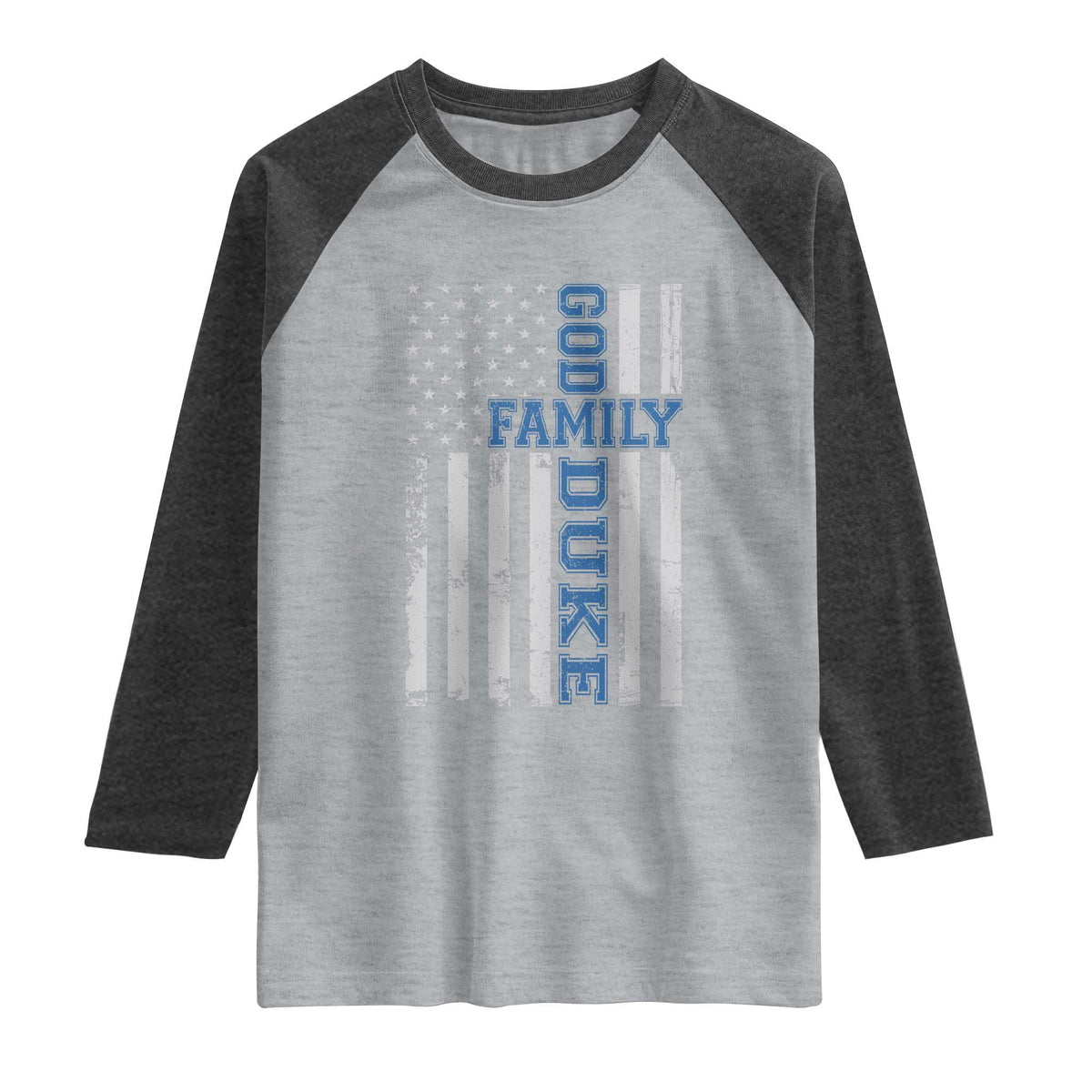 God Family Duke Raglan Shirt Blue Game Day Vintage American Flag TS11 Heather Gray Heather Charcoal Print Your Wear