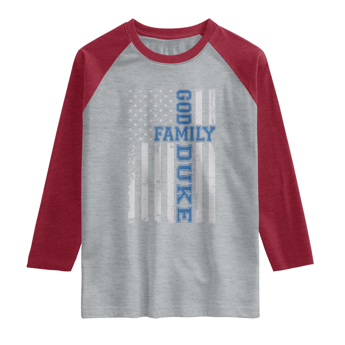 God Family Duke Raglan Shirt Blue Game Day Vintage American Flag TS11 Heather Gray Heather Red Print Your Wear
