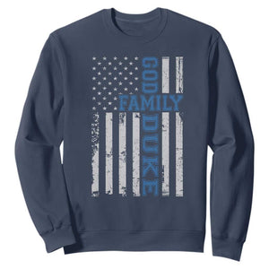 God Family Duke Sweatshirt Blue Game Day Vintage American Flag TS11 Navy Print Your Wear