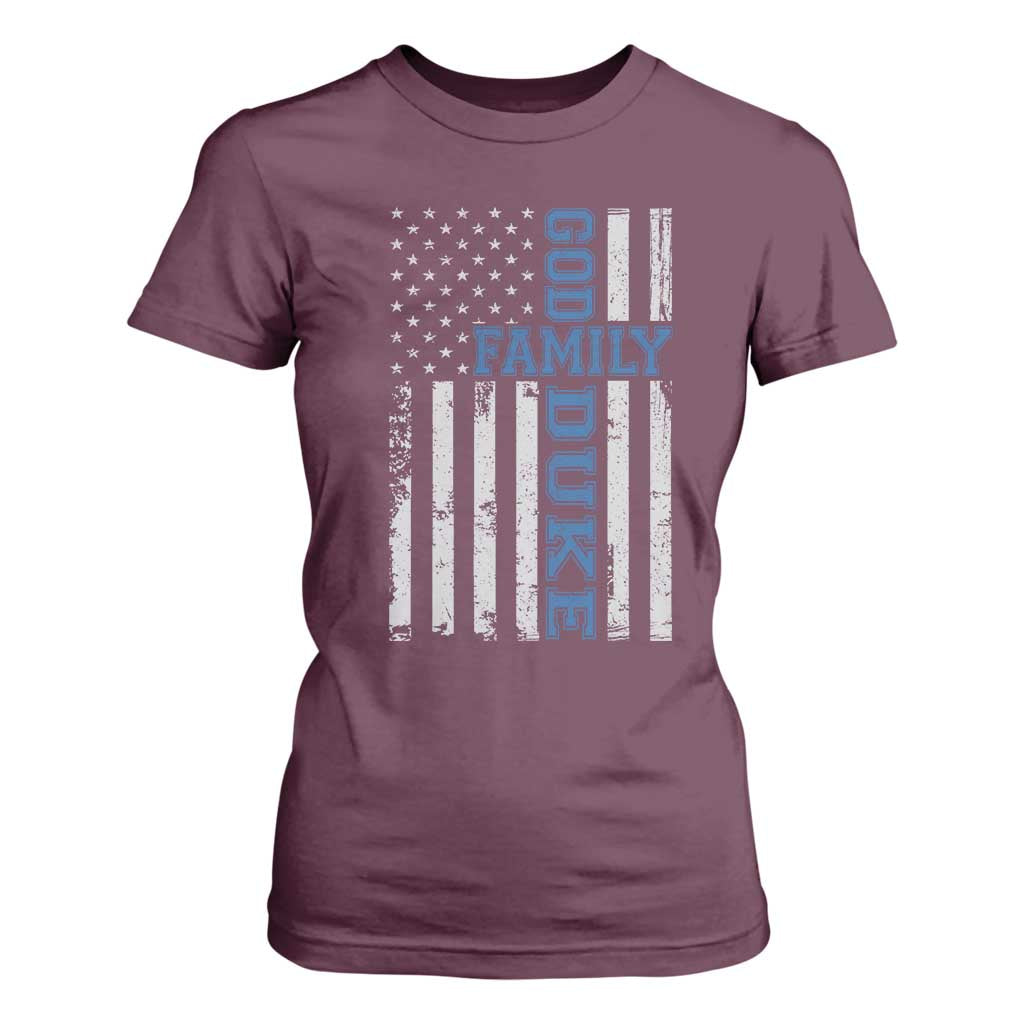 God Family Duke T Shirt For Women Blue Game Day Vintage American Flag TS11 Maroon Print Your Wear