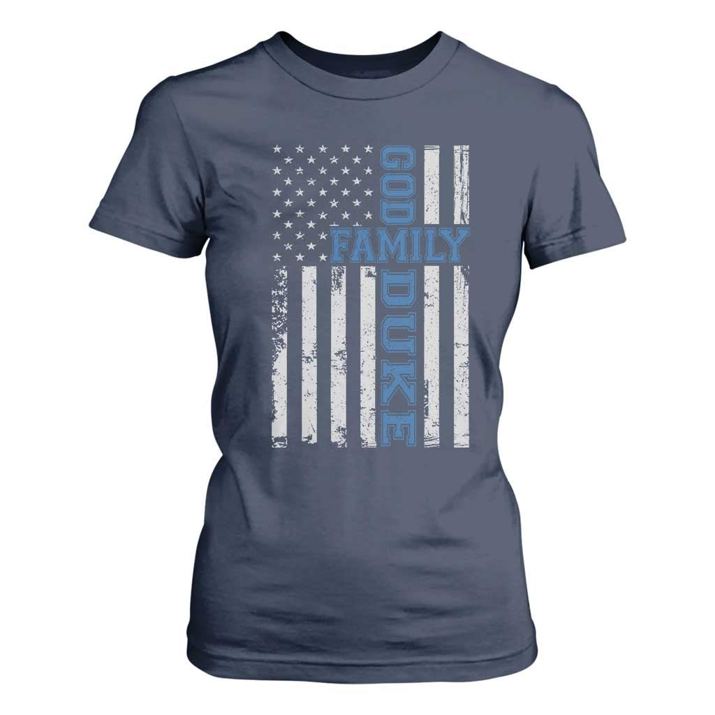 God Family Duke T Shirt For Women Blue Game Day Vintage American Flag TS11 Navy Print Your Wear