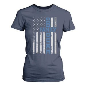 God Family Duke T Shirt For Women Blue Game Day Vintage American Flag TS11 Navy Print Your Wear