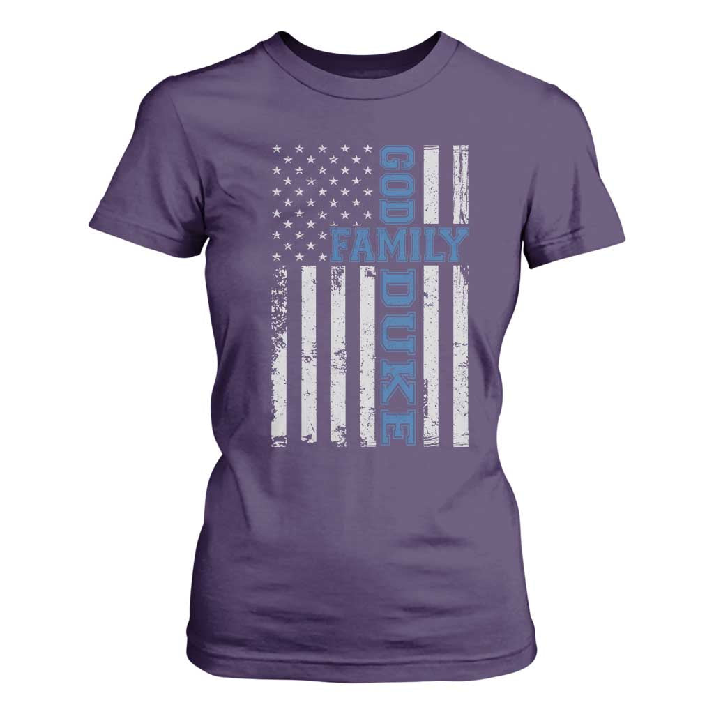God Family Duke T Shirt For Women Blue Game Day Vintage American Flag TS11 Purple Print Your Wear