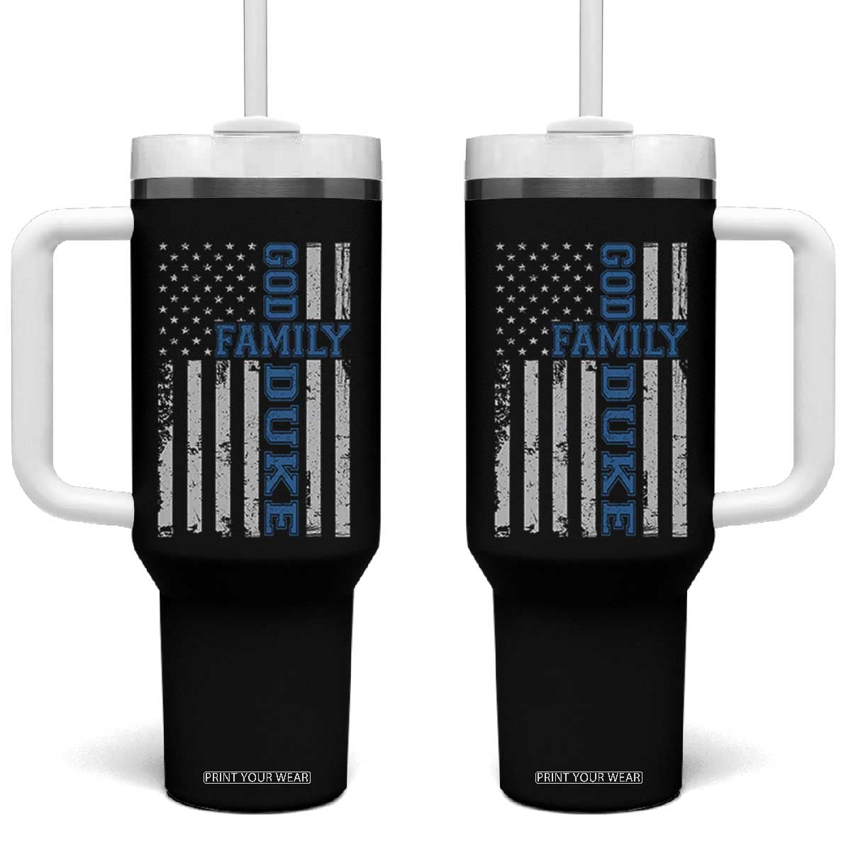 God Family Duke Tumbler With Handle Blue Game Day Vintage American Flag TS11 One Size: 40 oz Black Print Your Wear