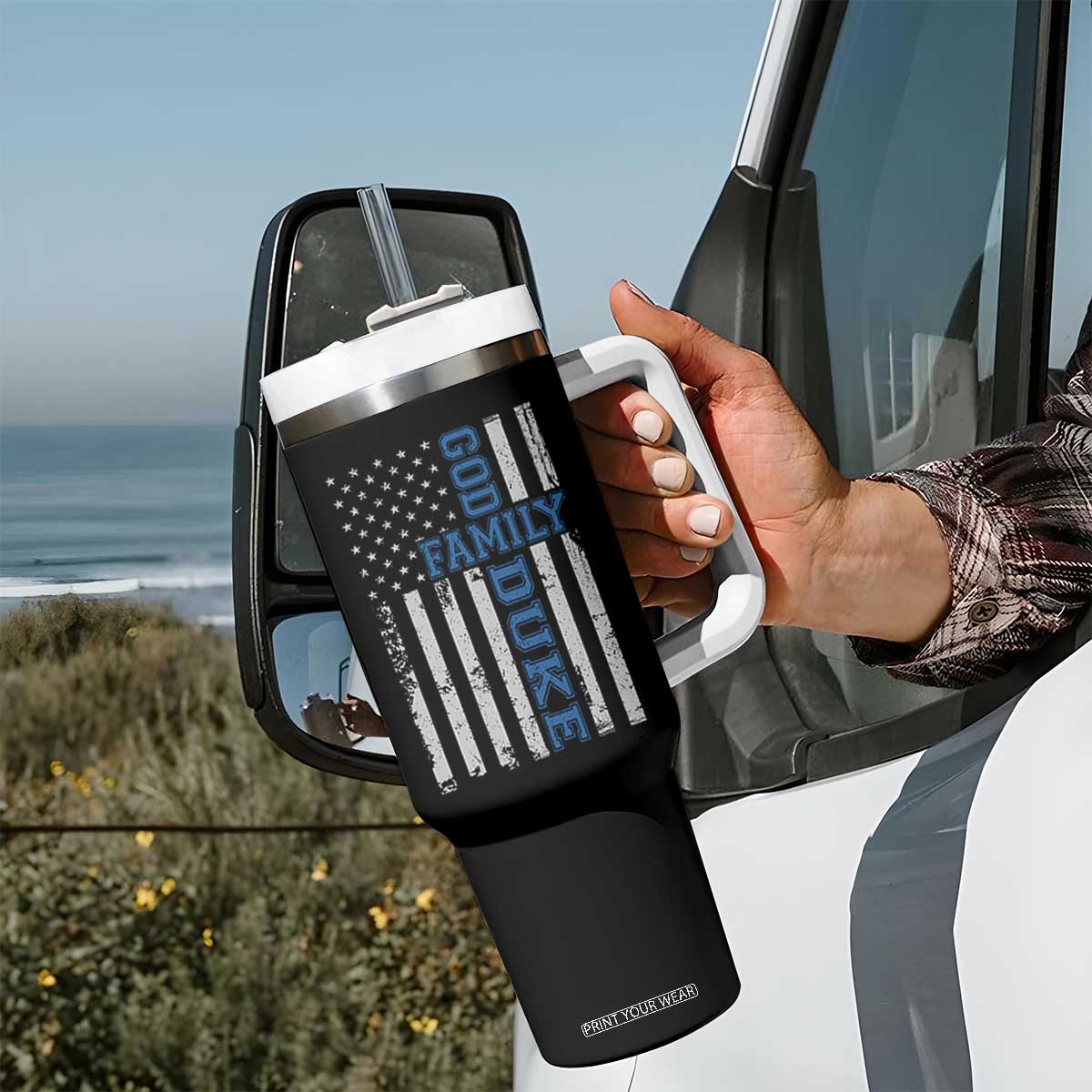 God Family Duke Tumbler With Handle Blue Game Day Vintage American Flag TS11 Print Your Wear