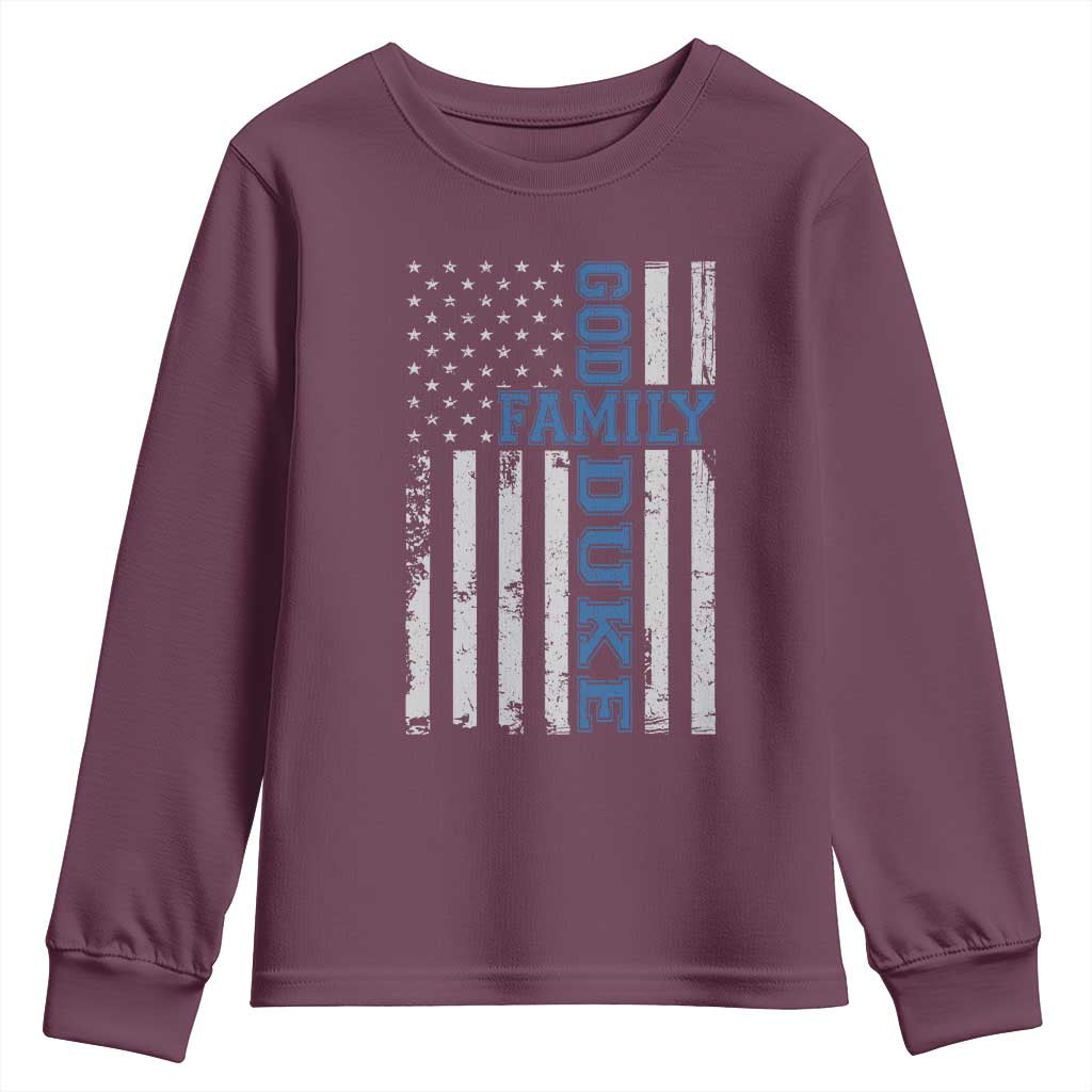 God Family Duke Youth Sweatshirt Blue Game Day Vintage American Flag TS11 Maroon Print Your Wear
