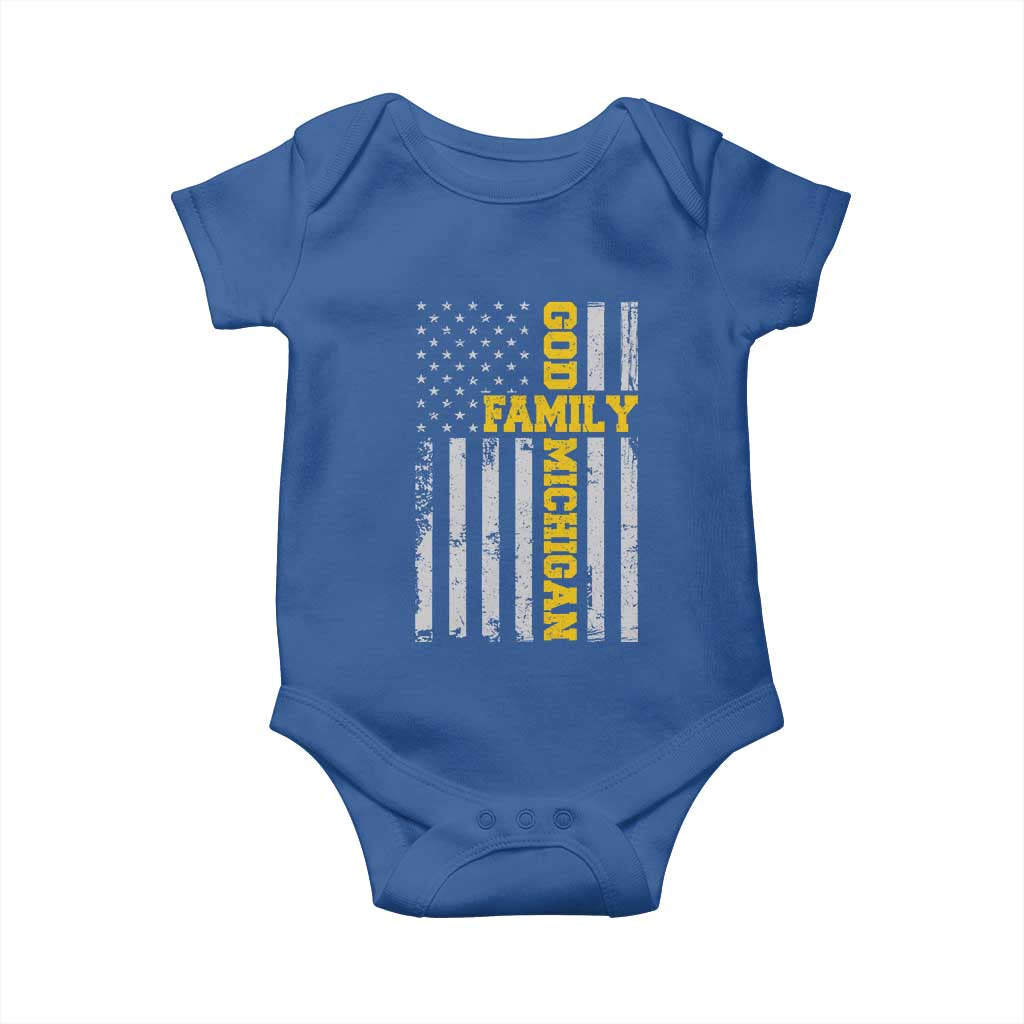 God Family Michigan Baby Onesie Game Day Vintage American Flag TS11 Royal Blue Print Your Wear