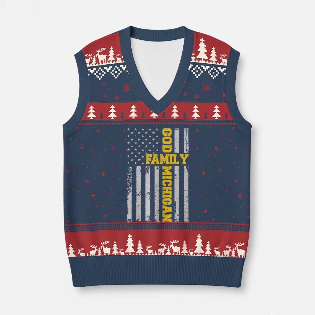 God Family Michigan V-Neck Knit Sweater Vest Game Day Vintage American Flag TS11 Navy Red Print Your Wear