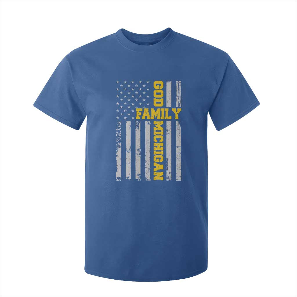 God Family Michigan T Shirt For Kid Game Day Vintage American Flag TS11 Royal Blue Print Your Wear